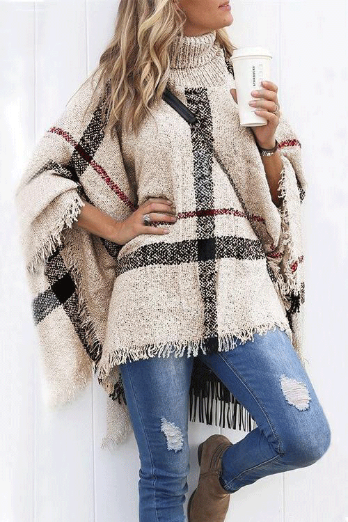 Heididress Tassel Color Block Classic Cloak Poncho Sweater