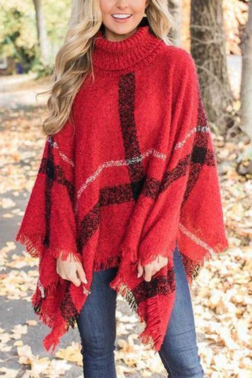 Heididress Tassel Color Block Classic Cloak Poncho Sweater