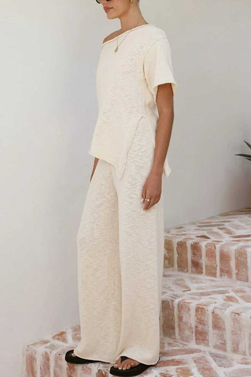 Chic Asymmetrical Shoulder Side Slit Knit Top