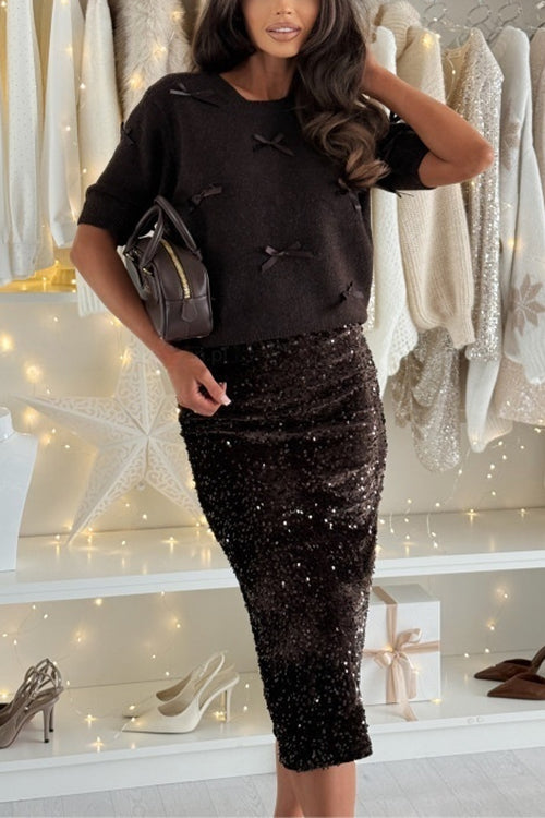 Back Slit Glitter Sequin Midi Skirt