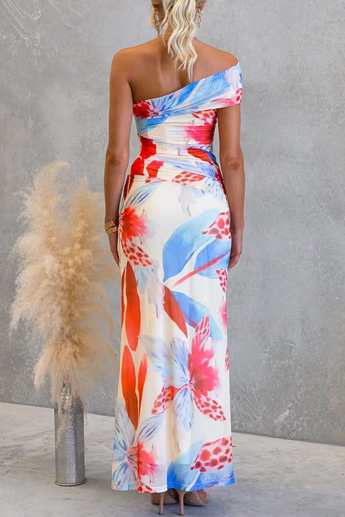 Asymmetrical Shoulder Ruched Floral Print Maxi Dress