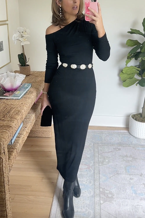 Asymmetrical Shoulder Long Sleeves Bodycon Midi Dress