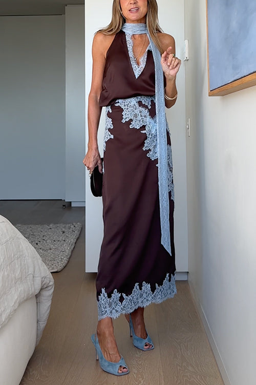 Chic Sleeveless V Neck Lace Trim Satin Top