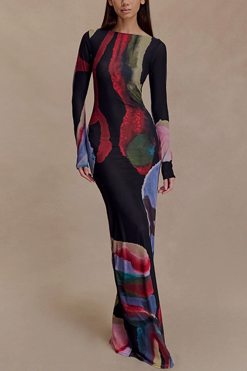 Boat Neck Long Sleeves Watercolor Print Maxi Dress