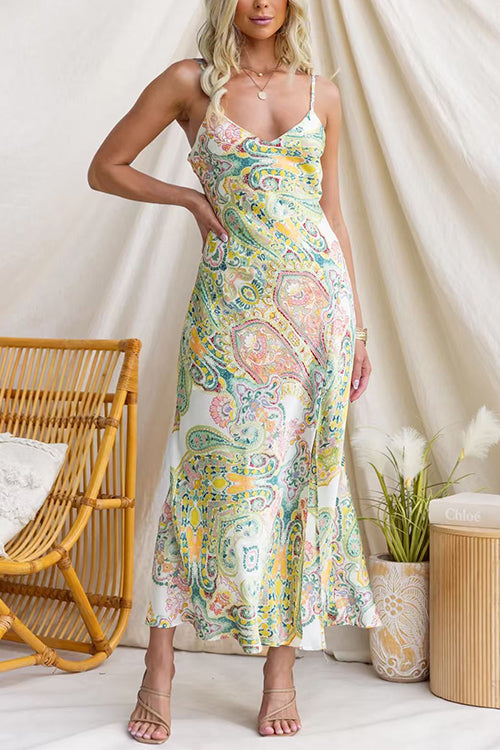 Adjustable Strap V Neck Paisley Print Slit Maxi Dress