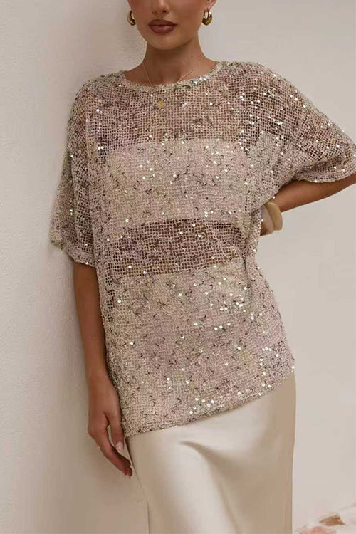 Crewneck Half Sleeves Crochet Hollow Out Sequin Top