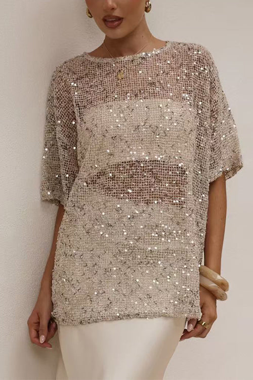 Crewneck Half Sleeves Crochet Hollow Out Sequin Top