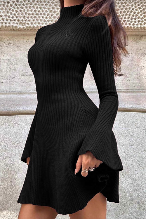 Heididress High Neck Long Sleeves Ribbed Knit Mini Sweater Dress