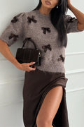 Crewneck Short Sleeves Bow Decorative Sweater Top