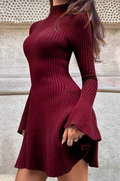 Heididress High Neck Long Sleeves Ribbed Knit Mini Sweater Dress