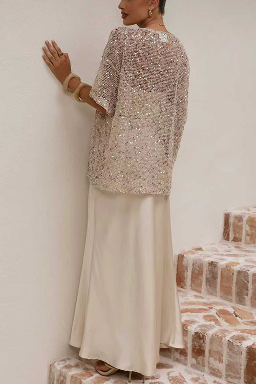 Crewneck Half Sleeves Crochet Hollow Out Sequin Top