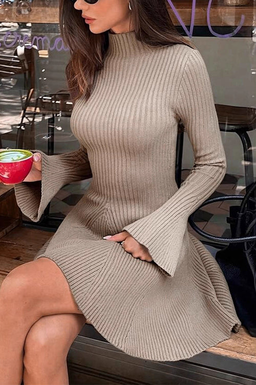 Heididress High Neck Long Sleeves Ribbed Knit Mini Sweater Dress
