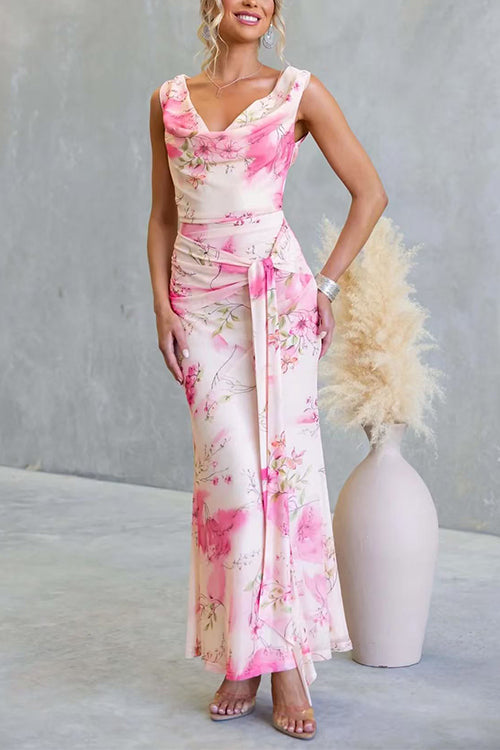 Cowl Neck Criss Cross Backless Floral Print Knot Waist Maxi Dress