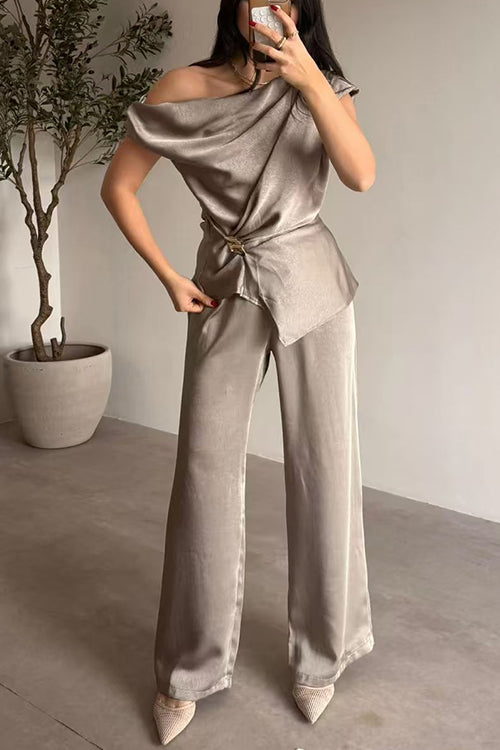 Asymmetrical Shoulder Ruched Top Straight Leg Pants Satin Set