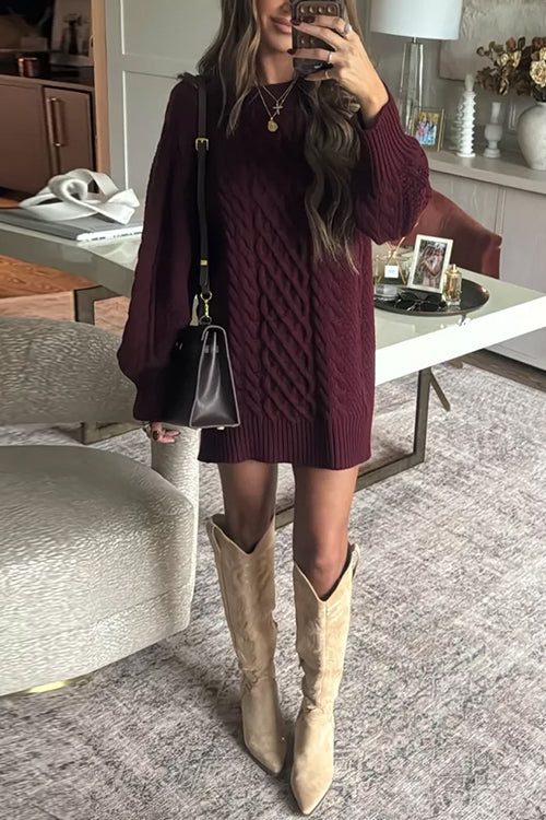 Heididress Long Sleeves Cable Knit Mini Sweater Dress