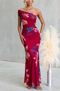 Asymmetrical Shoulder Floral Print Bodycon Maxi Dress