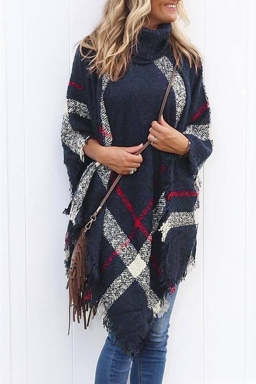 Heididress Tassel Color Block Classic Cloak Poncho Sweater