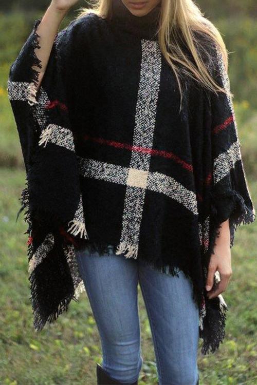 Heididress Tassel Color Block Classic Cloak Poncho Sweater