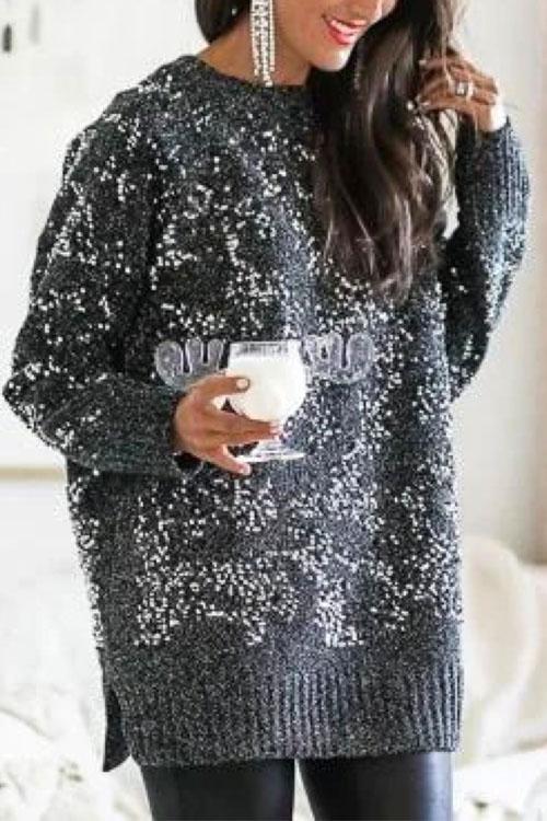 Heididress Crewneck Side Split Sequin Glitter Sweater