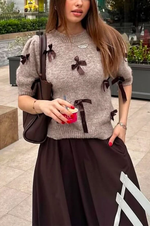 Crewneck Short Sleeves Bow Decorative Sweater Top