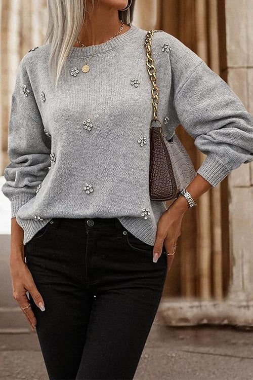 Crewneck Drop Shoulder Rhinestone Detailed Pullover Sweater