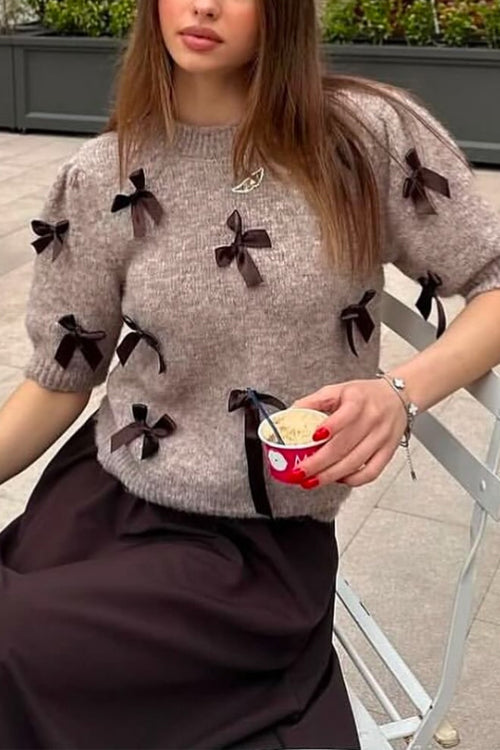 Crewneck Short Sleeves Bow Decorative Sweater Top