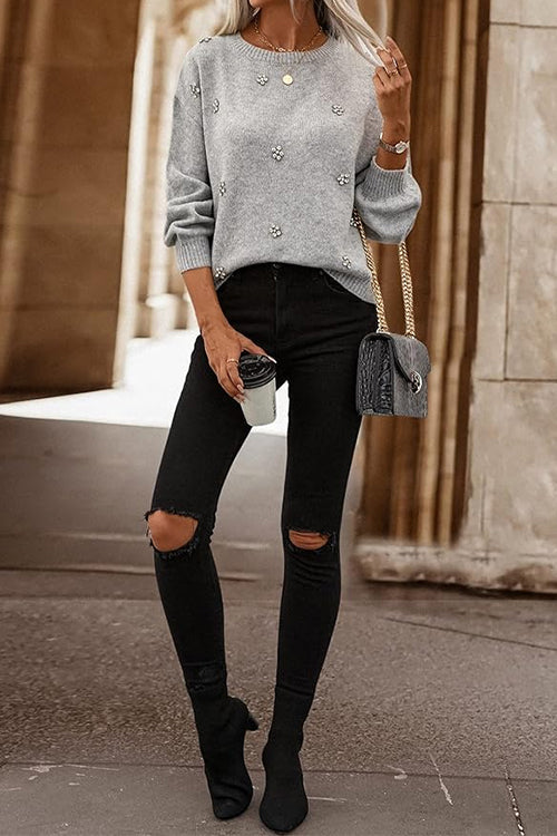 Crewneck Drop Shoulder Rhinestone Detailed Pullover Sweater