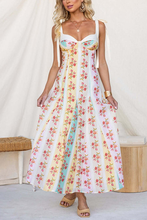 Bow Shoulder Floral Print Flowy Maxi Dress