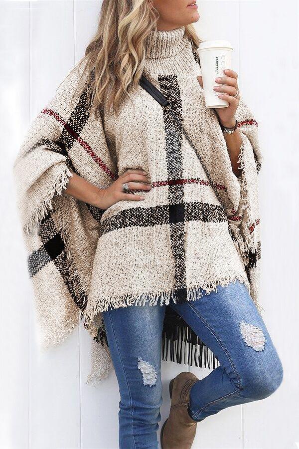 Heididress Tassel Color Block Classic Cloak Poncho Sweater