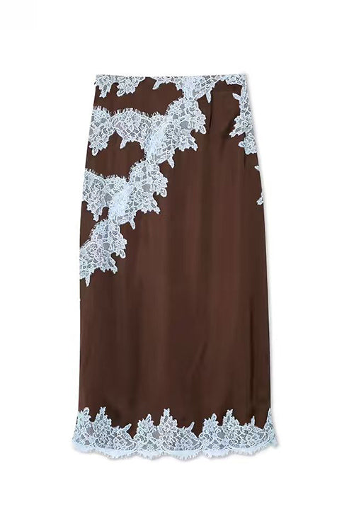 Chic High Waist Lace Trim Satin Maxi Skirt