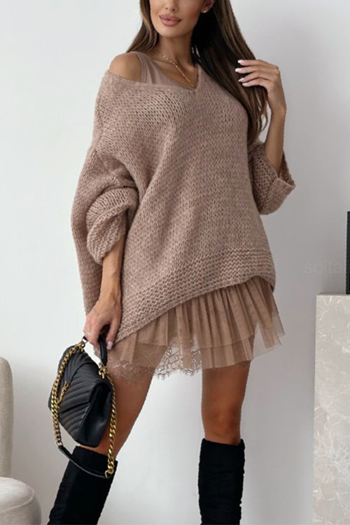Heididress V Neck Drop Shoulder Slouchy Pullover Sweater