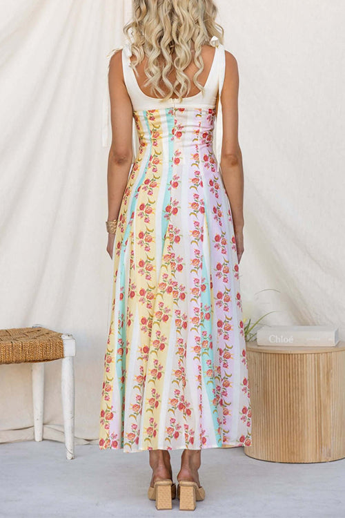 Bow Shoulder Floral Print Flowy Maxi Dress