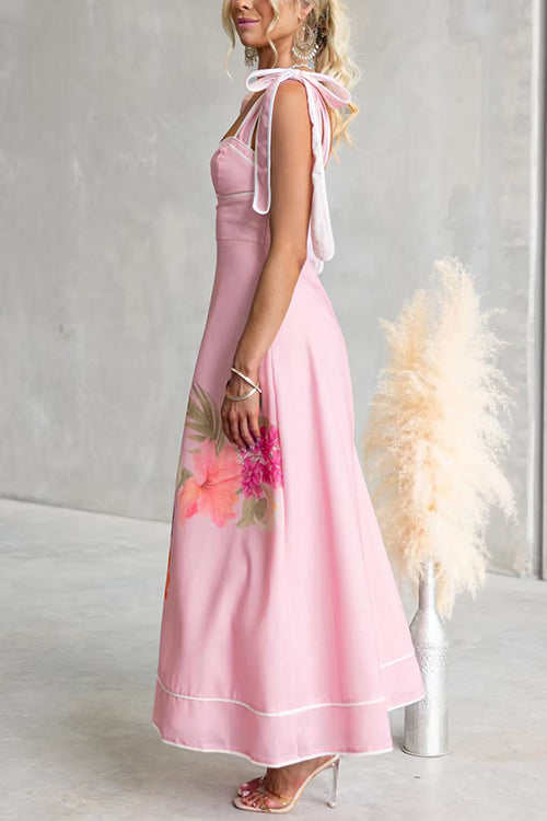 Bow Shoulder Sleeveless Floral Print Swing Maxi Dress