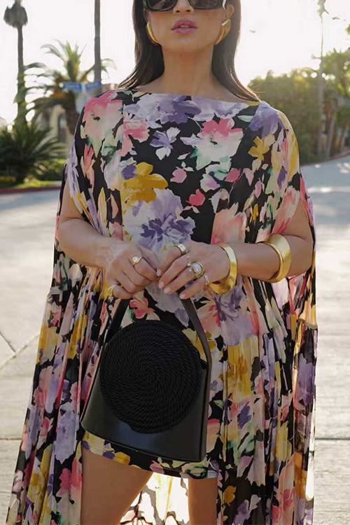 Boat Neck Floral Print High Low Hem Maxi Dress