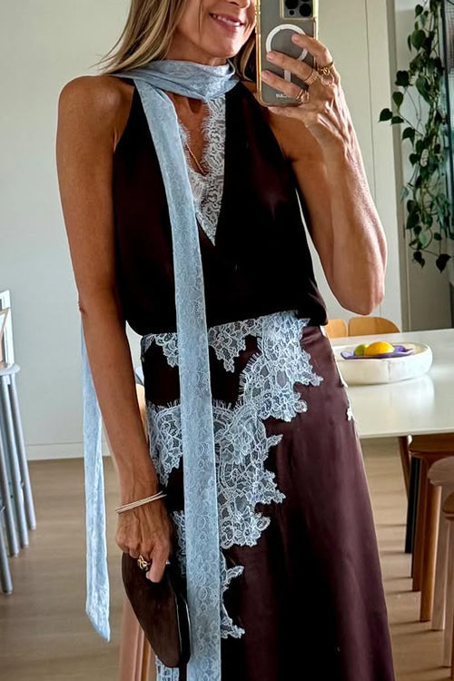 Chic Sleeveless V Neck Lace Trim Satin Top