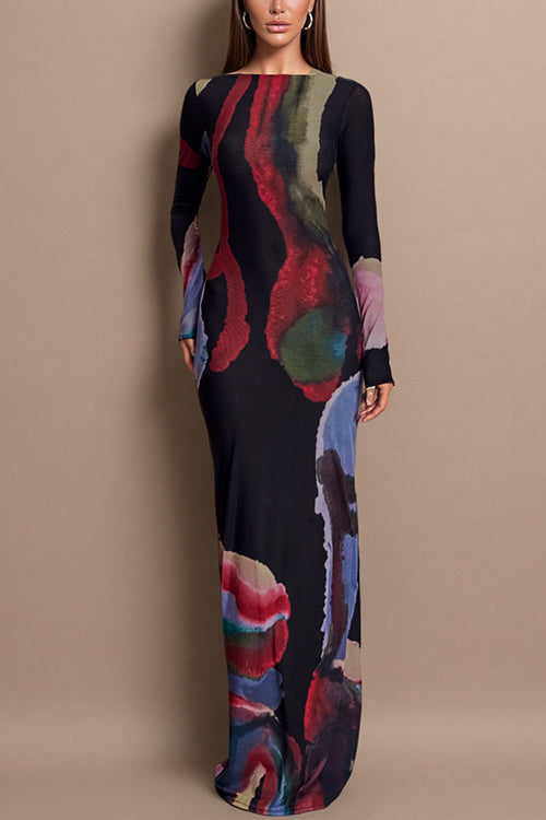 Boat Neck Long Sleeves Watercolor Print Maxi Dress
