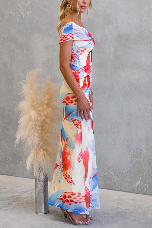 Asymmetrical Shoulder Ruched Floral Print Maxi Dress