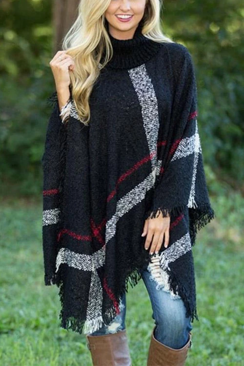 Heididress Tassel Color Block Classic Cloak Poncho Sweater